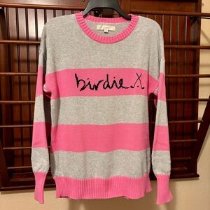 LOFT Pink and Gray Striped Crew Neck Sweater